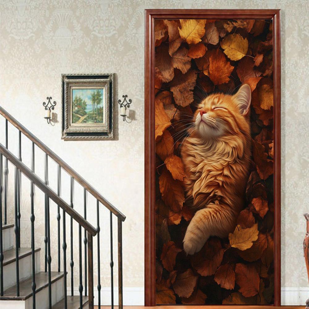 

1 шт. Милый виниловый стикер на дверь с кошкой для декора спальни и дома, самоклеящаяся съемная наклейка на стену, реновация двери, водонепроницаемый постер 40x120cm