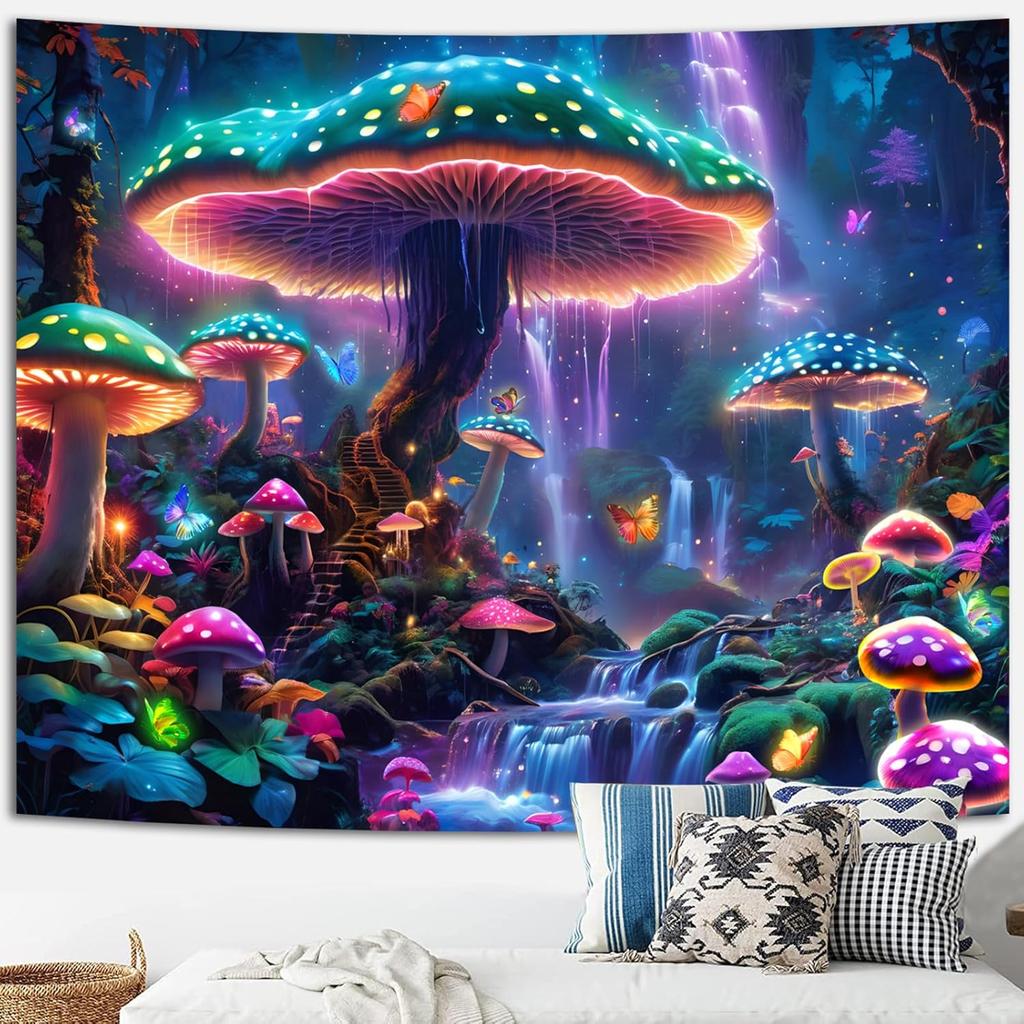 SparkLia Blacklight Mushroom Forest Tapestry - UV Reactive Glow in the Dark Fantasy Waterfall Wall Hanging, Colorful Neon Mushroom Landscape Art