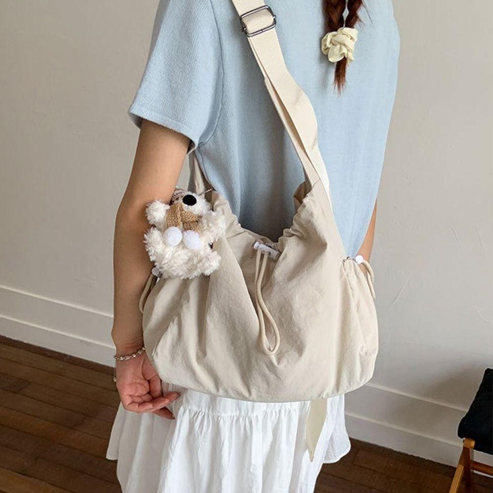 Large Capacity Drawstring Tote Bag Korean Crossbody Bag Casual Nylon Shoulder Bag Office Worker
