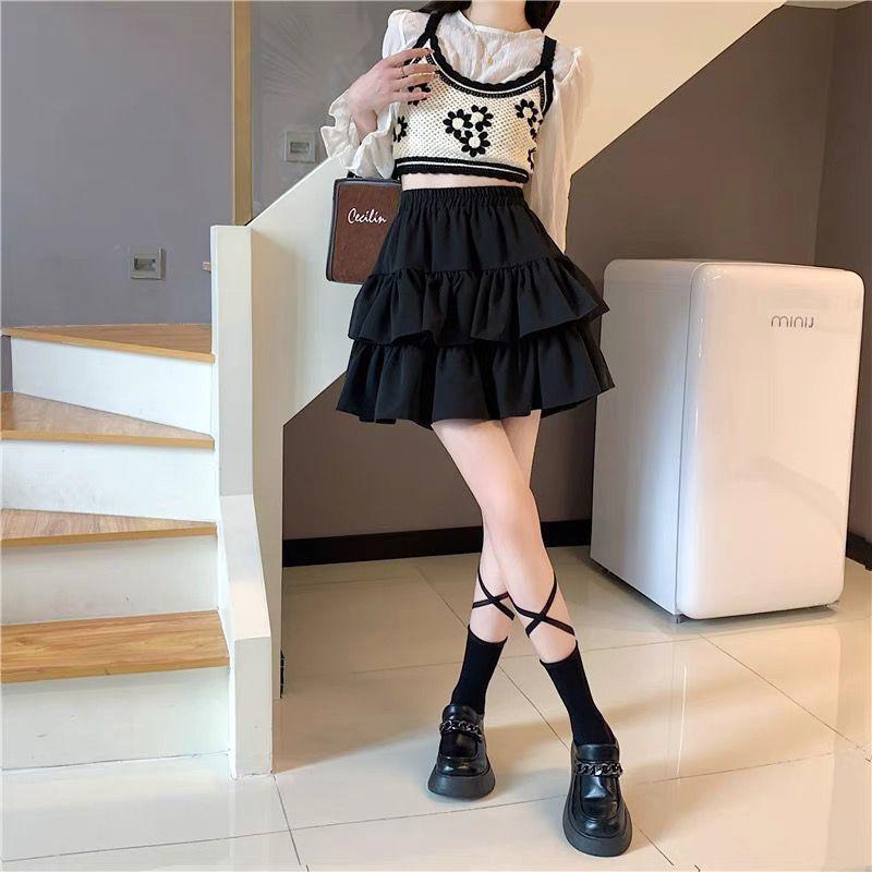 Summer Kawaii White Ruflles Skirt Women Fashion Slim Fit Chiffon Mini Skirts Giris Y2k All Match Elastic High Waist Black Skirt