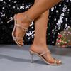 Fashion Stiletto Flip-Flops Summer New Round Toe Open Toe Rhinestone Slender Strap Anti-Slip Wear-Resistant High Heels