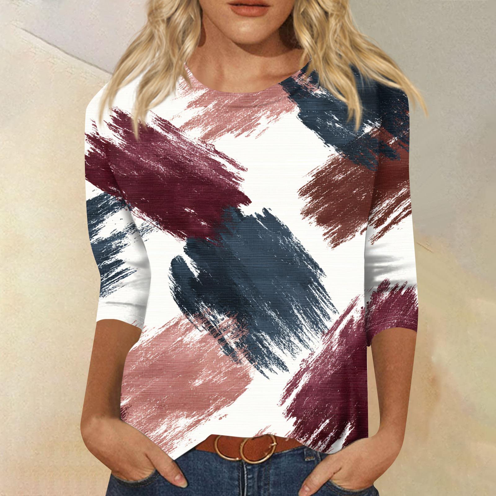 

Женская модная повседневная футболка с круглым вырезом, рукавом три четверти и градиентным принтом M винный