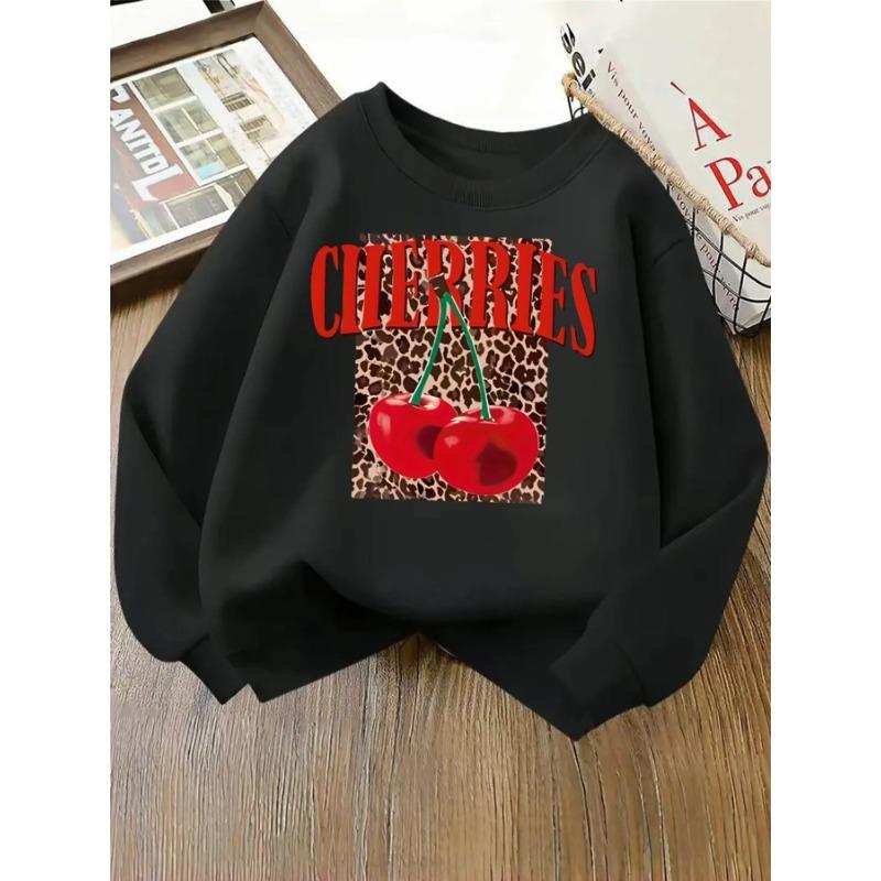 European sizes Cherry Leopard Print Girls' Crewneck Sweatshirt, Western Style, Long Sleeve, Multi-Colored.