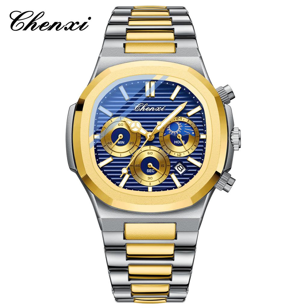 2025 Luxury Watch Men Business Fashion Waterproof Stainless Steel Chronograph Moon Phase Quartz Wristwatch Male Clock
