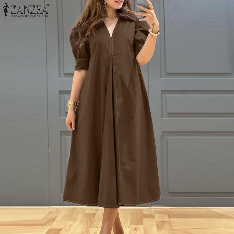 ZANZEA Women Casual V-neck Solid Color Loose Short Sleeve Dress