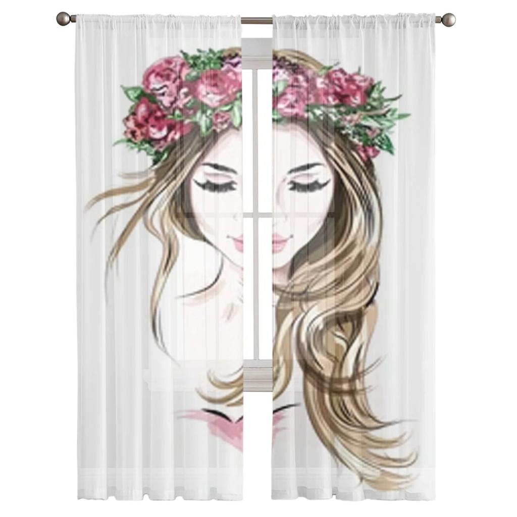Hand Drawn Beautiful Woman Sheer Curtains Bedroom Voile Curtain Living Room Window Sheer Curtains Kitchen Tulle Drapes