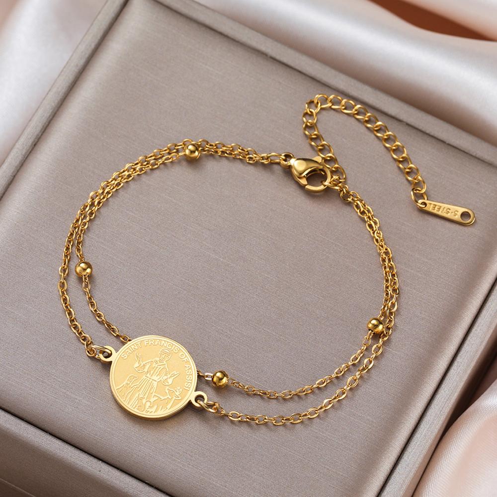 Dawapara Saint Francis of Assisi Coin Bracelet Catholic Patron Animal Advocate Gifts Stainless Steel Charms Religious Jewelry