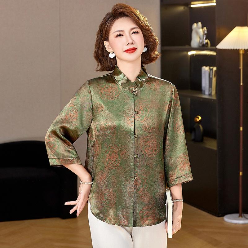 Elderly Women s Chinese Style Round Neck Button-Up Shirt - Spring/Summer Loose Top for Grandma/Mom XL (80-95 lbs) зелёный