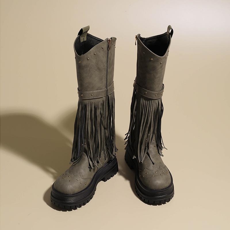 European and American Retro Style Fringed Boots 2025 Autumn and Winter New Rivet Belt Buckle High Boots Fashionable Versatile Knight Boots