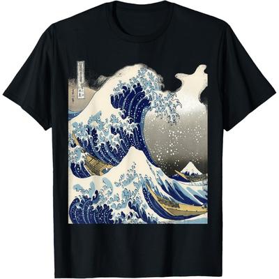 Cranberrysky Retro Vintage Japanese Painting Tsunami The Great Wave T-Shirt - Unisex-Adults - Black - Small - Short Sleeve
