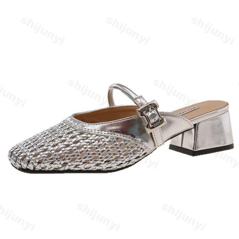 Fashion Summer Women Slippers Mules 2025 Leisure Slipper Retro Square Toe Metal Buckle Fashion Half Slipper Outdoor Sandalias De Mujer