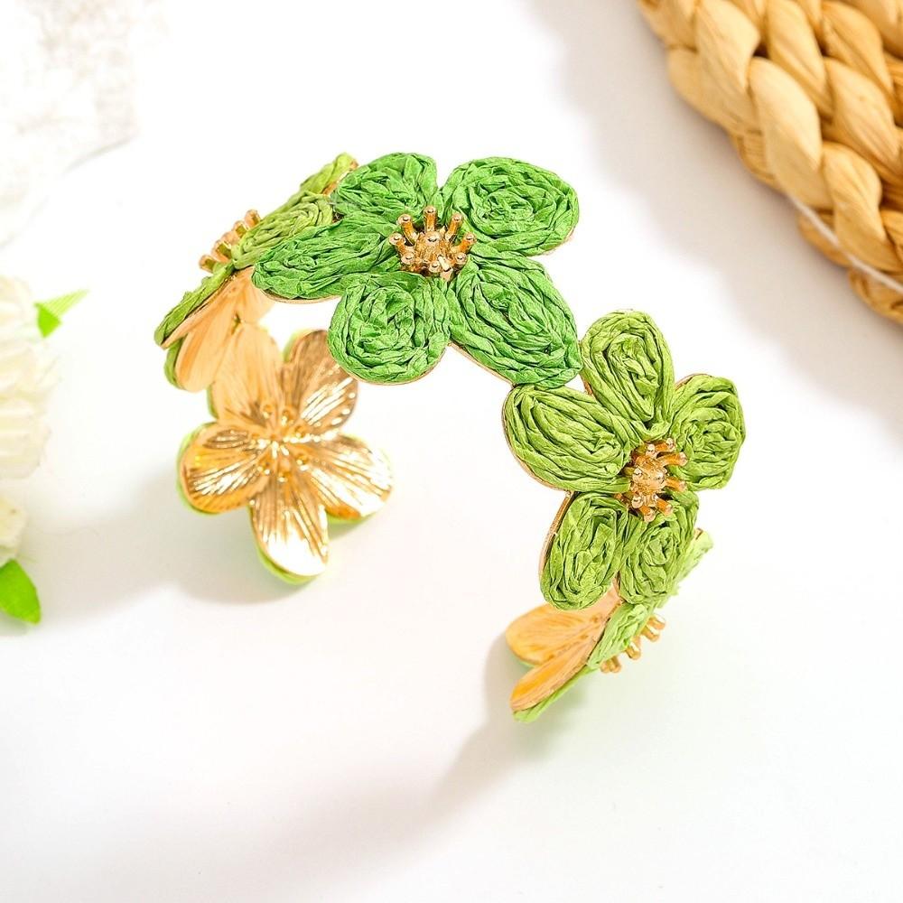 Colorful Woven Flower Bangle Vintage Hand Ring Handmade Raffia Grass Bracelet Daily