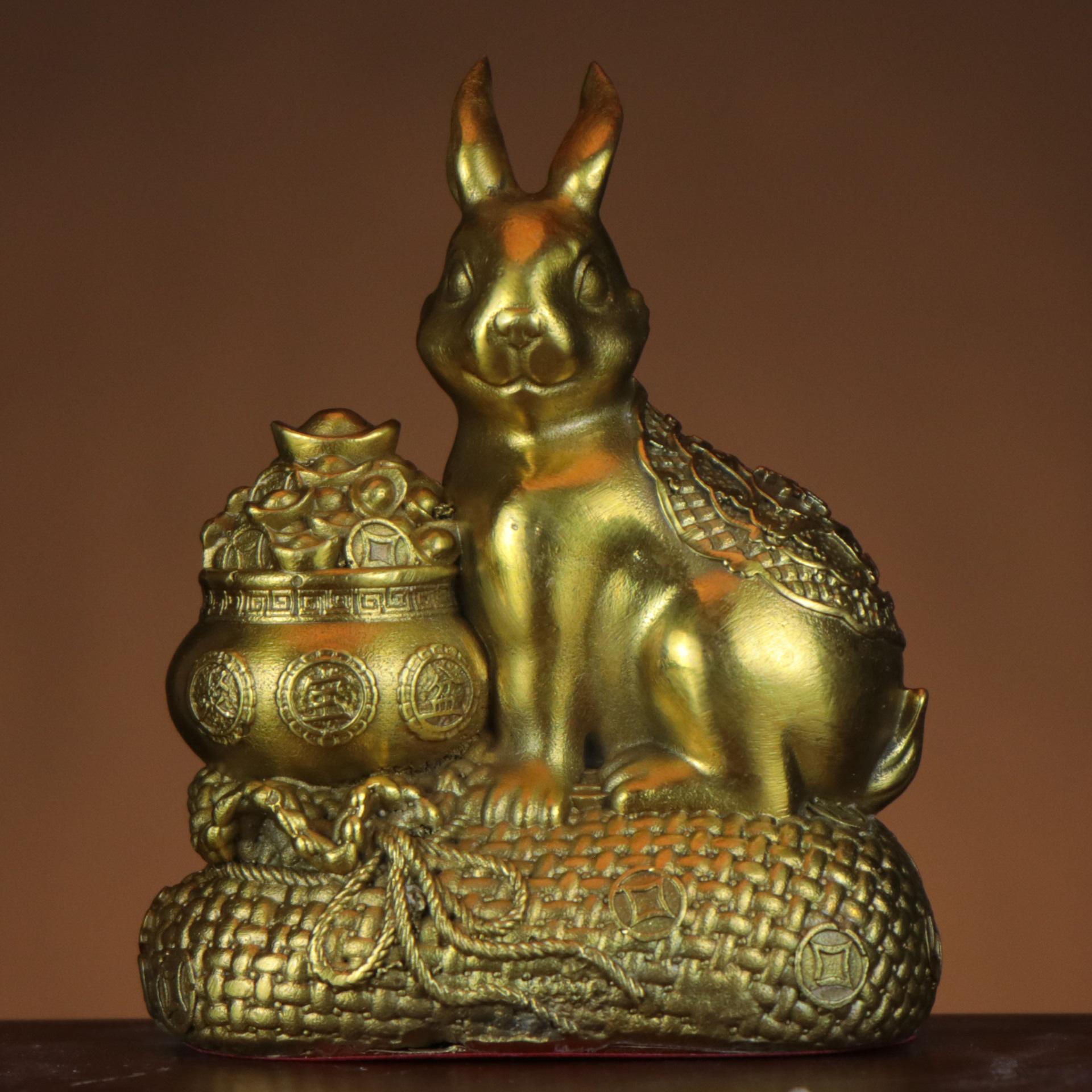 Zodiac Rabbit Pure Brass Ornament with Treasure Basin and Yuanbao