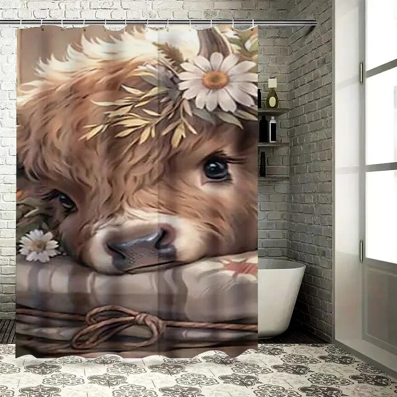 Niedliche Hochlandkuh mit Blumen Wasserdichter Duschvorhang Hitzebeständig Maschinenwaschbar Nicht-Transparent 180x180cm