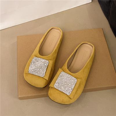 Fashion Light Flat Shoes Summer New Round Head Deep Mouth Crystal Buckle Suede Soft Sole Anti-slip Wear-resistant Slippers