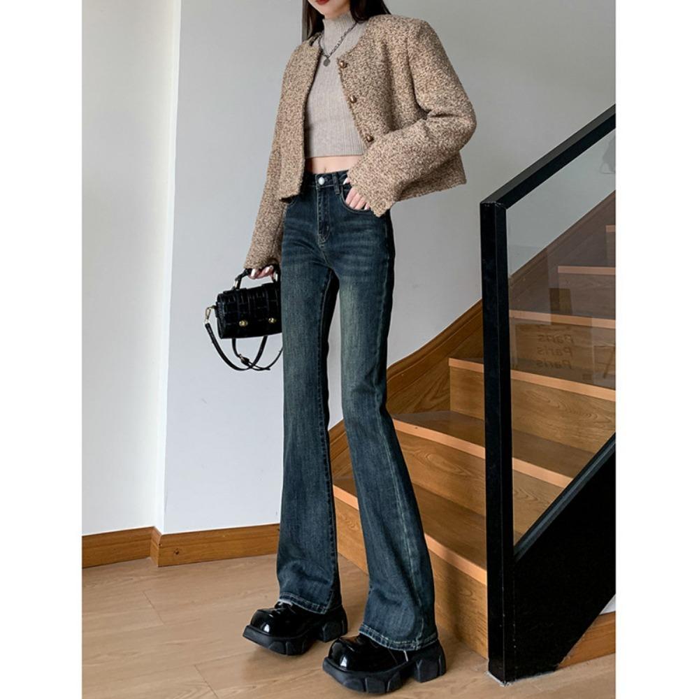 0774 Personalized Street Horseshoe Jeans Women's High Waist and Thin Horn Spring and Autumn New Popular Micro-horn Jeans