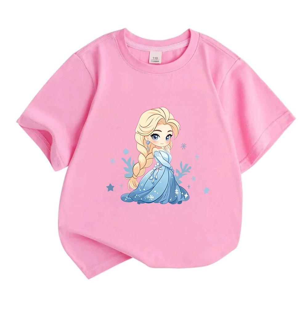 Kids Boys Girls Crew Neck Short Sleeve T-Shirt, 100% Cotton Cute Cartoon Ice Princess Print Casual Soft Tees for Toddler Children Daily Wear Summer Ba