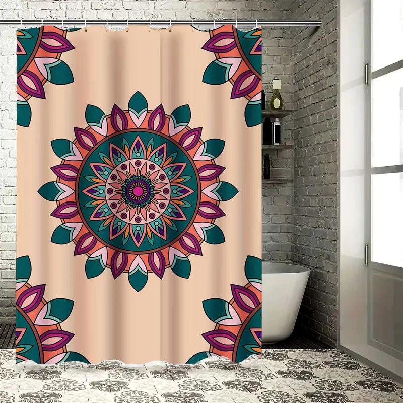 Colorful Mandala Shower Curtain Decor Peach Background with Pink, Green, Blue Floral Design Waterproof Fabric Bathroom Hanging S