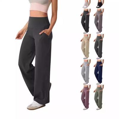 Pantalon de yoga pour femme, couleur unie, taille haute, jambes larges, avec poches, contrôle du ventre, coupe droite