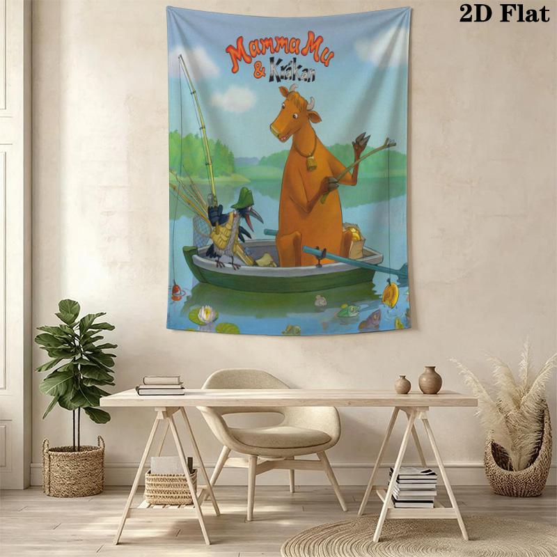 Mamma Mu & Kråkan Cartoon Tapestry, Cow and Crow Fishing Lake Print Wall Hanging, Wall Art Decor for Kids Bedroom