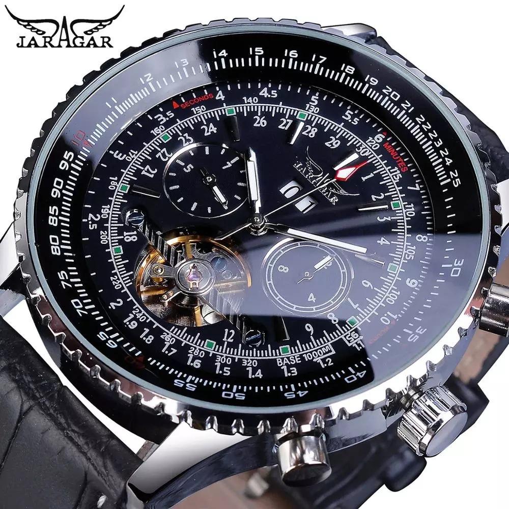 Fashion Accessorie Men's Black Jaragar Fashion Casual Large Dial Mechanical Multifunctional Tourbillon Automatic Mechanical Watch