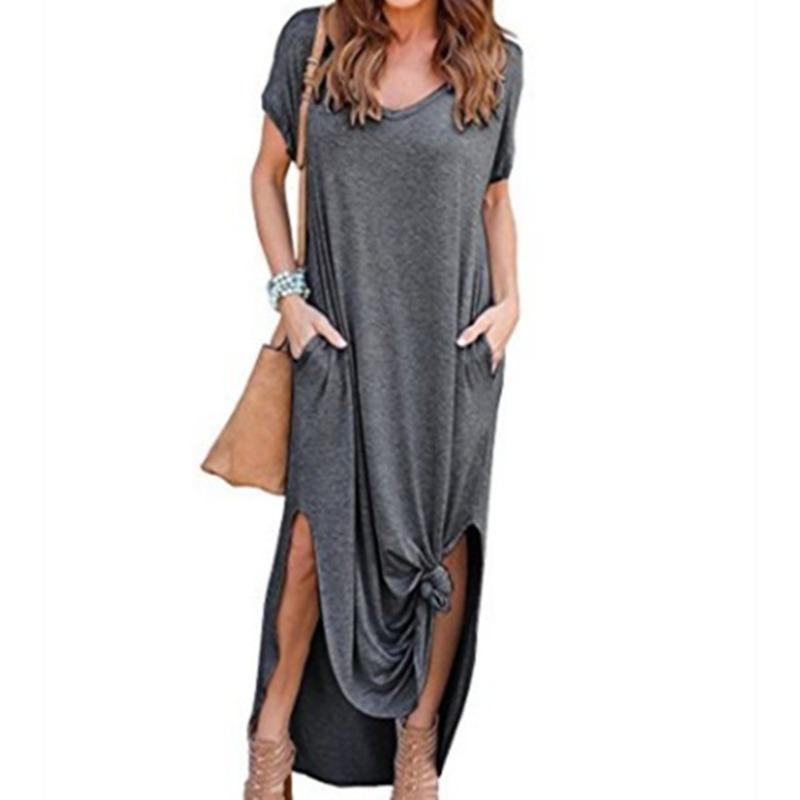 GMXIA Summer Solid Color Print V-neck Pocket Slit Dress