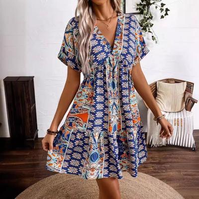 Women's Vintage Floral Print V-neck High-waisted Batsleeve Holiday Dress