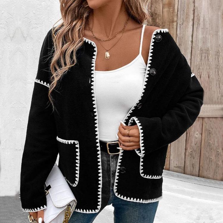Women Autumn Winter Casual Long Sleeve Fleece Cardigan Coat O Neck Matching Color