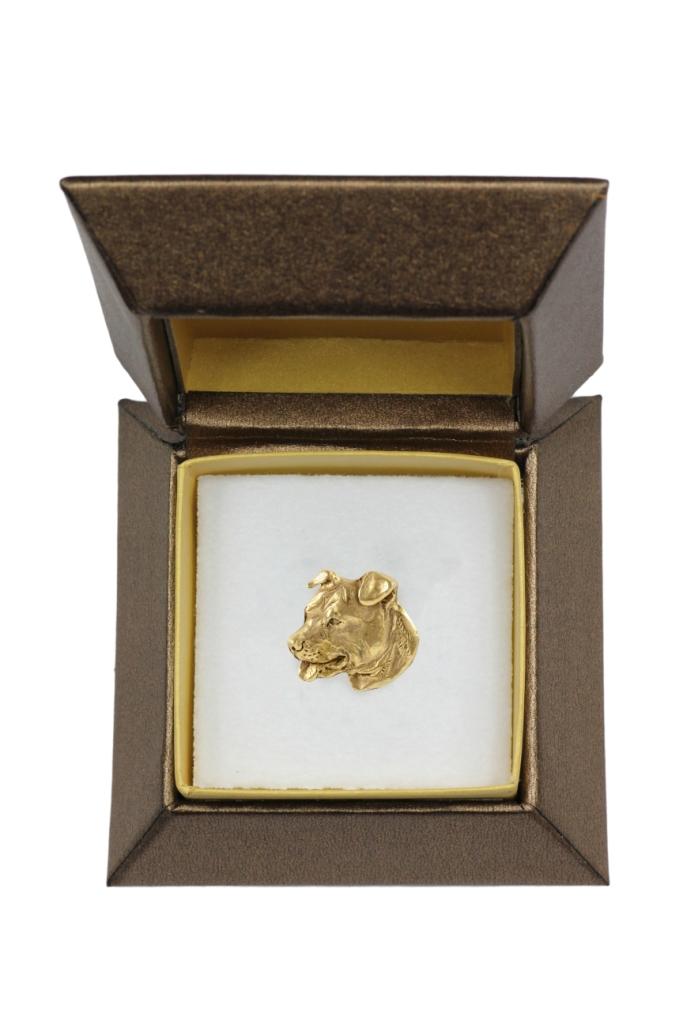 American Staffordshire Terrier, Amstaff - Hunde-Brosche in dekorativer Schachtel, eleganter vergoldeter Anstecker, Jackenpin der Marke Art-Dog