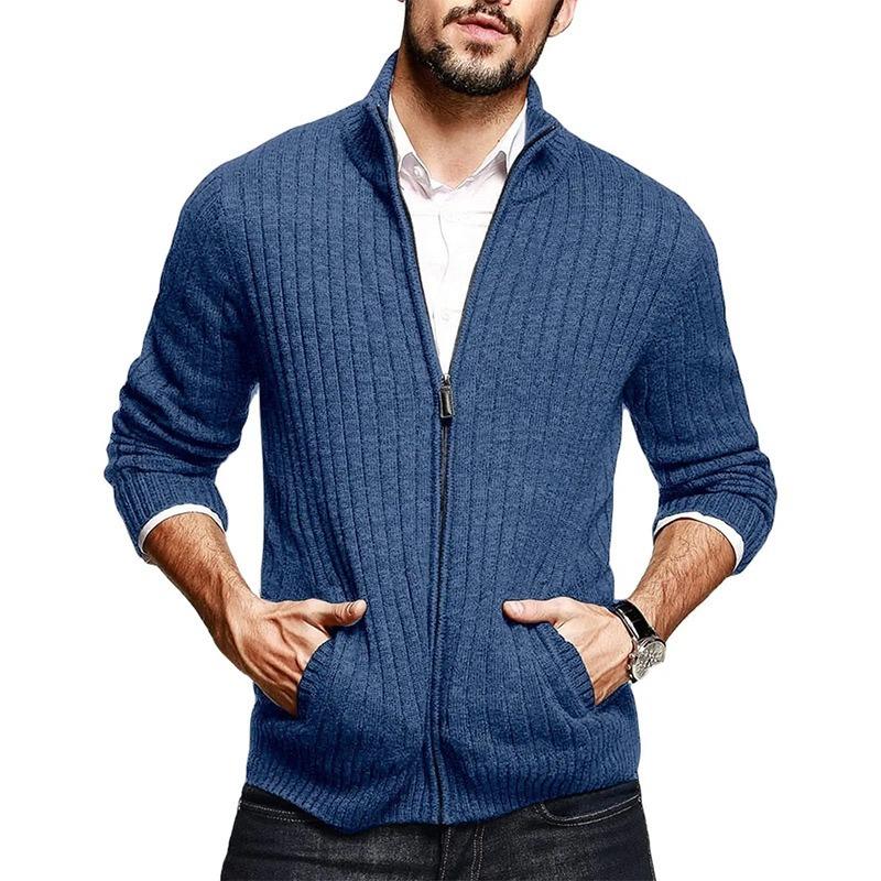 Men's Solid Mock Neck Sweater, Slim Fit Long Sleeve Zip Knit Cardigan, New Autumn Winter European Style Men Casual Knit Outerwear