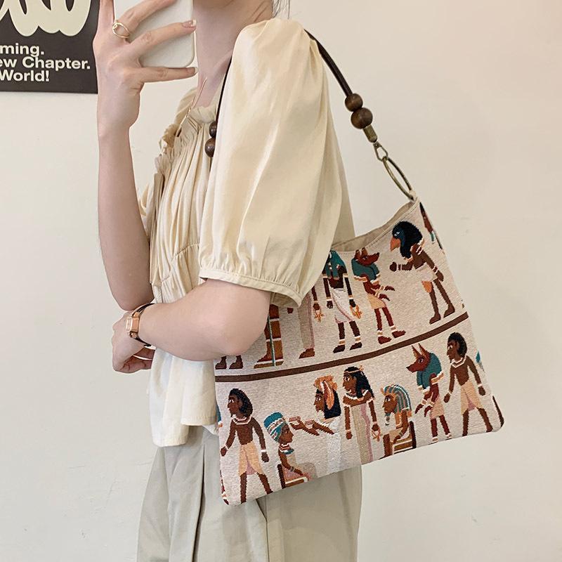 Retro Fun Pharaoh Woven Jacquard Canvas Bag used for Women In Summer Casual Tote Bag Big Capacity Single Shoulder Underarm Women's Bag
