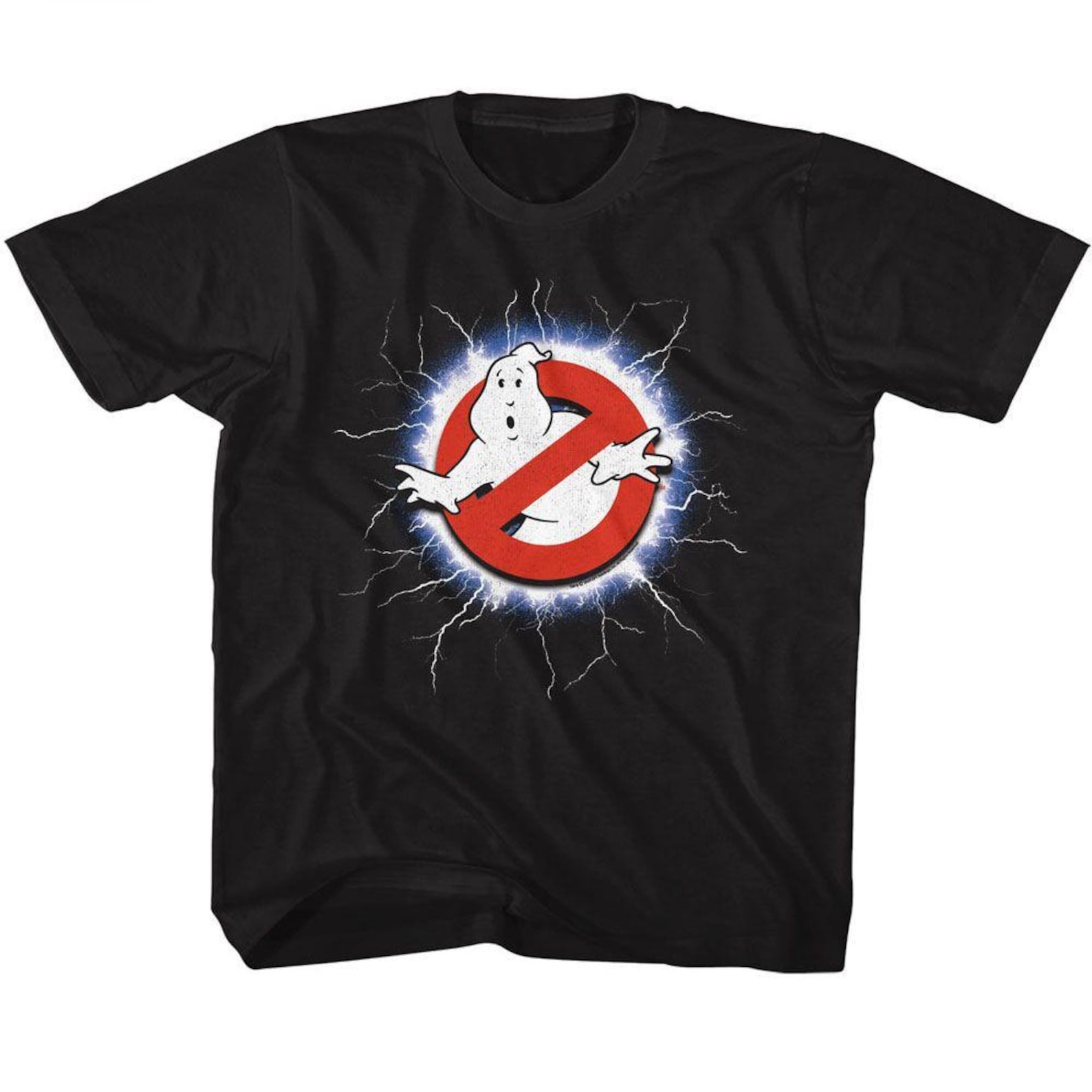 The Real Ghostbusters Lightning And Logo Black Youth T-Shirt 2XL