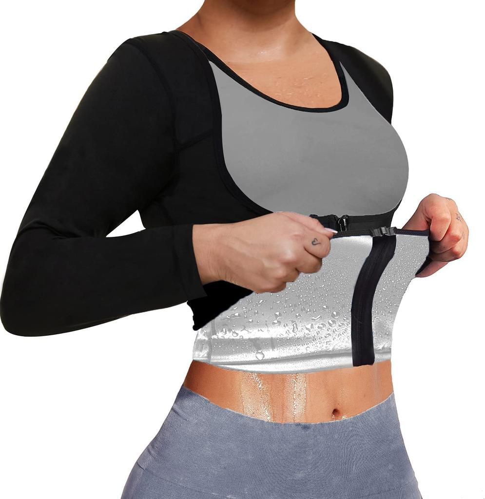 Heat Trapping Sauna Suit for Women Long Sleeve Sauna Sweat Vest Slimming Body Shaper Waist Trainer Tee Workout Shapewear Shirt Fitness Top Jacket