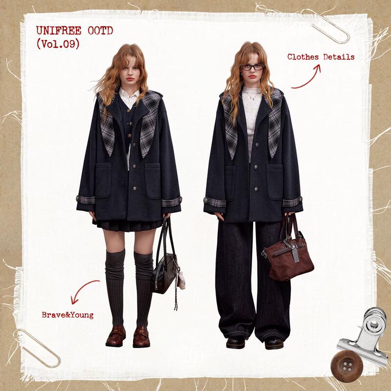 unifree 2025 Autumn College Style Plaid Embroidered Hooded Coat
