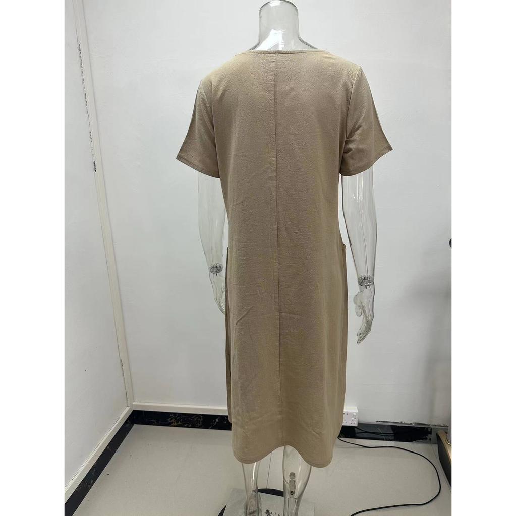 Womens Summer Shirt Dress Crewneck Short Sleeve Plus Size T-Shirt Dress Solid Color Loose Midi Dresses With Pockets