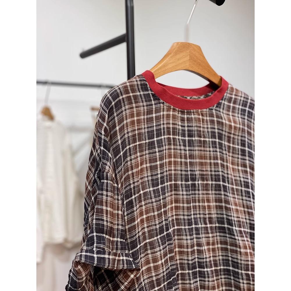 Dimanaf 2025 Summer Linen T-shirt Women Spliced Plaid Printing Short Sleeve Loose Red T-shirt