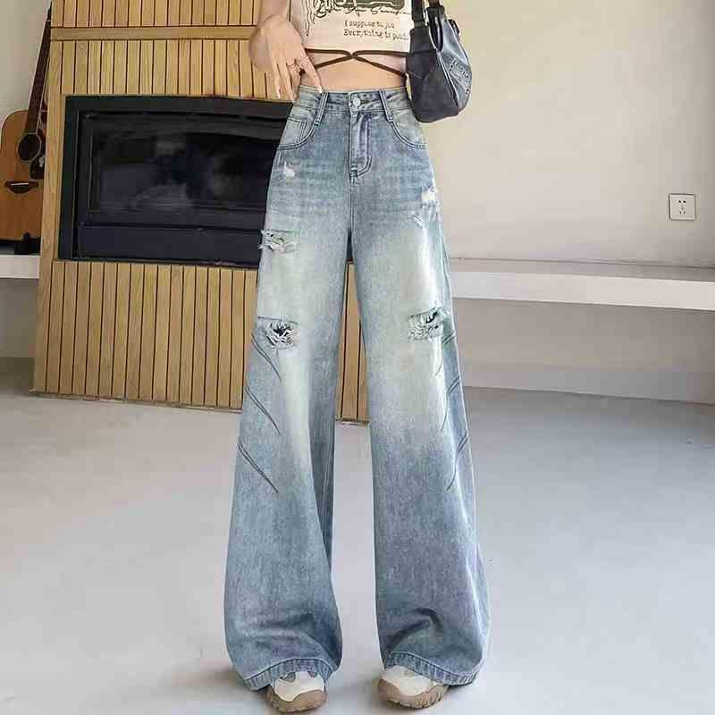 2026 High Waist Women s Holey Wide Leg Jeans - Trendy American Style Small