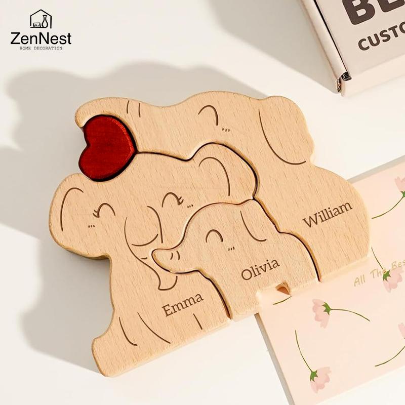 Elephant Family Wooden Art Puzzle DIY Cute Family Member Elephant Puzzle Tabletop Decoration Mother's Day Father's Gift Warm Gif