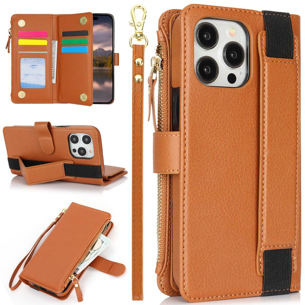 XL-001 For iPhone 15 Pro Case Zipper Pocket Wristband Stand Leather Phone Cover