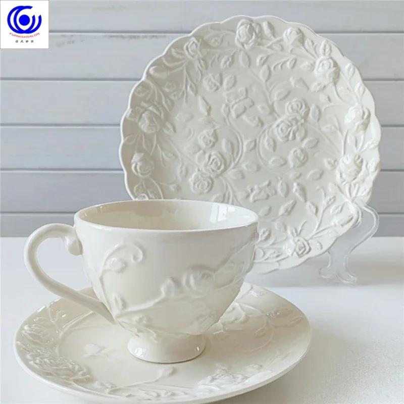 Embossed Rose and Saucer Set Ins Style High Value Coffee Flower Tea Exquisite Afternoon Tea Cup