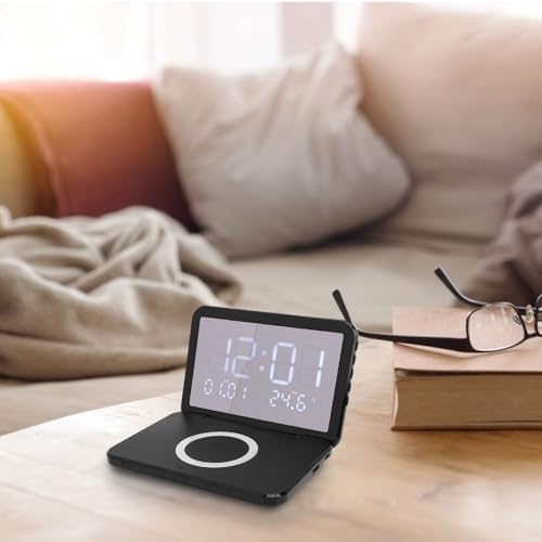 Réveil numérique à chargement sans fil confortable, horloge électronique miroir LED avec couvercle rabattable, charge rapide 15W, luminosité réglable, pour chambre à coucher (Bl