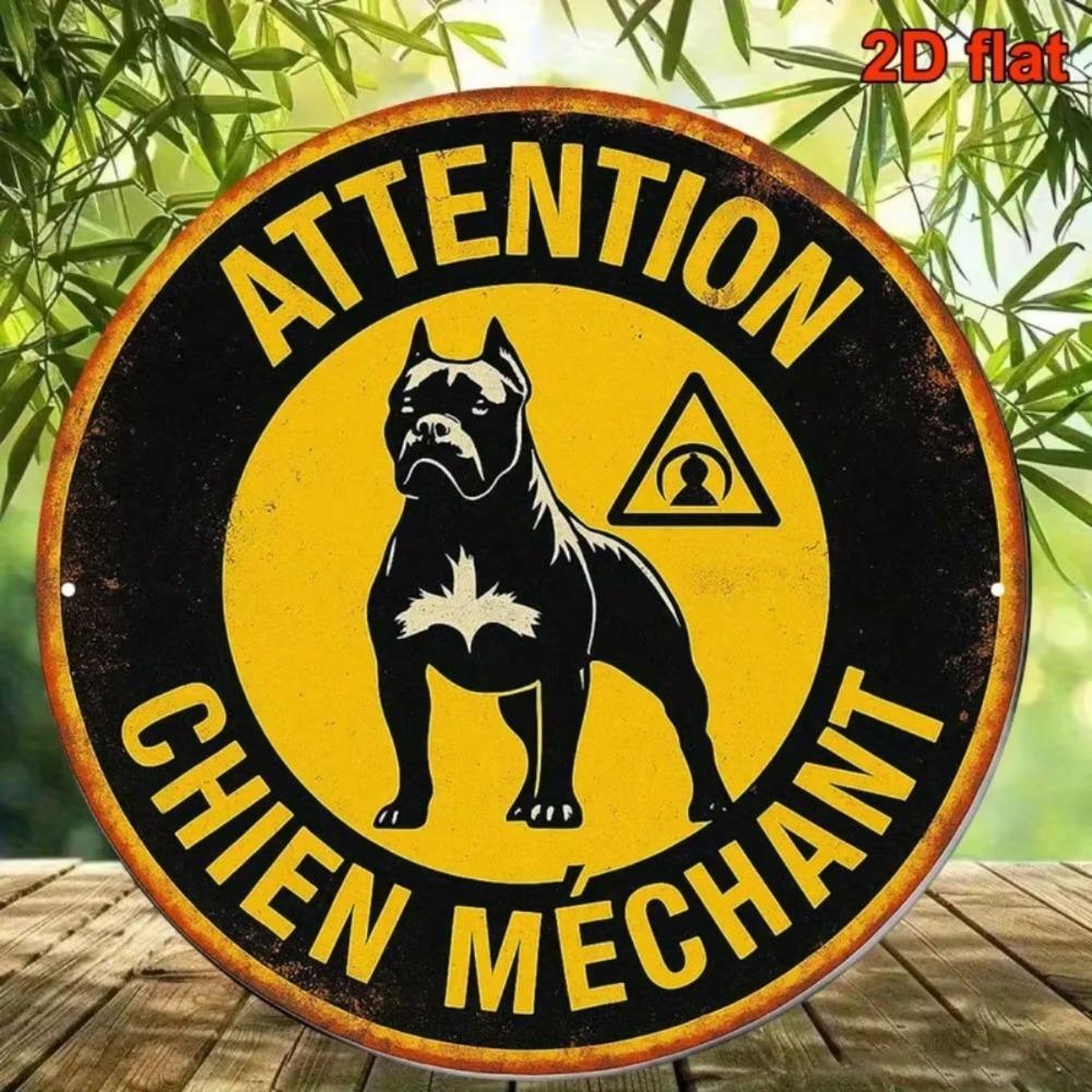 Vintage Beware Of Dog Retro French Caution Aluminum Round Wall Decor Porch Office Cafe