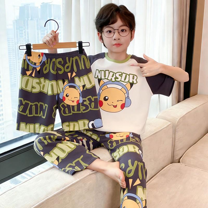 100% Cotton Boys Pajama Set Short Sleeve Long Pants Cartoon Print Comfortable Sleepwear Kids