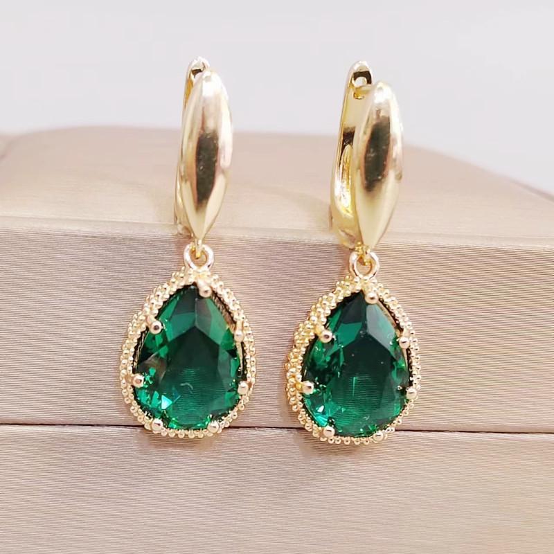 

Новые трендовые висячие серьги с зеленым и фиолетовым цирконием в виде капель воды для женщин и девочек, модные серьги золотого цвета, ювелирные изделия, аксессуары для вечеринок