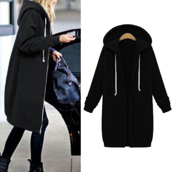 Chic Lady Solid Color Long Sleeve Casual Hooded Sweatshirt Coat Zipper Outwear