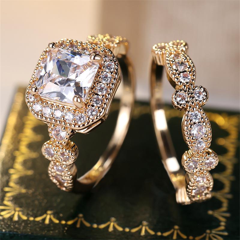 2 Pcs/set Golden Color Square Cut White Stone Ring Set Wedding Band Valentine's Day Jewelry