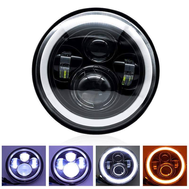 7 Inch Round H4 LED Headlight with Angel Eye Halo Ring, Integrated High Low Beam Projector Lens Headlamp, Aviation Aluminum Super Bright Front Light