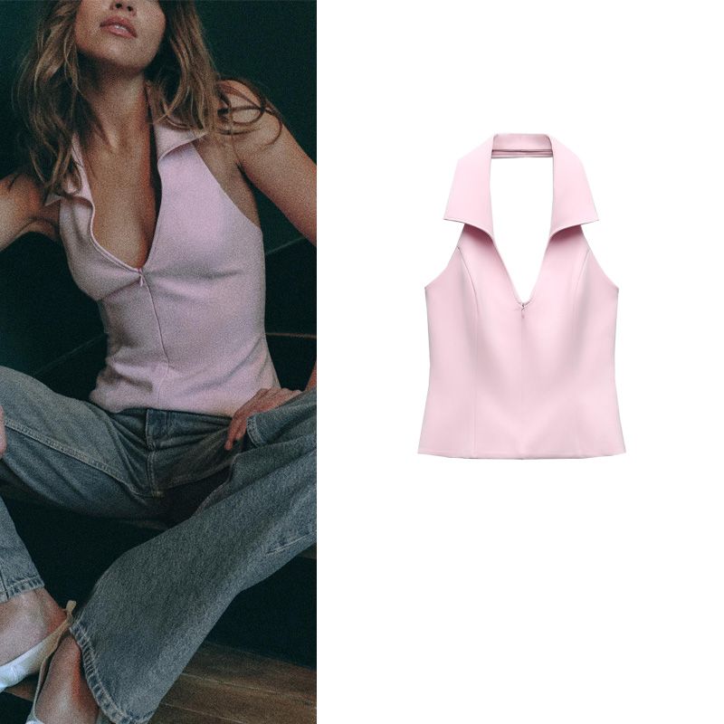 Spring New American Style Sweet and Spicy Style Backless Slim Fit Slimming Shirts Style Neck Collar Top 2796777