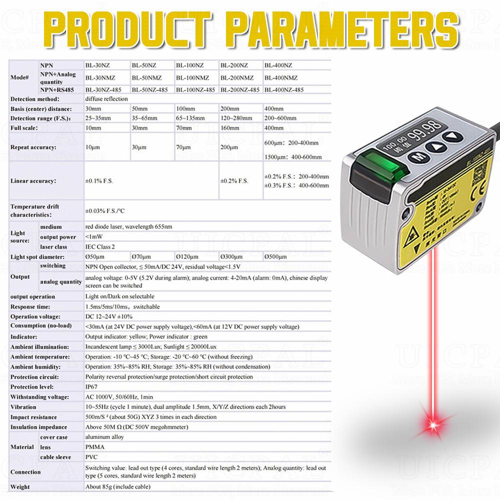 Laser Displacement Distance Sensor Thickness Measurement Height Sensor High Precision 1.111mm Analog 181 Output Transmitter