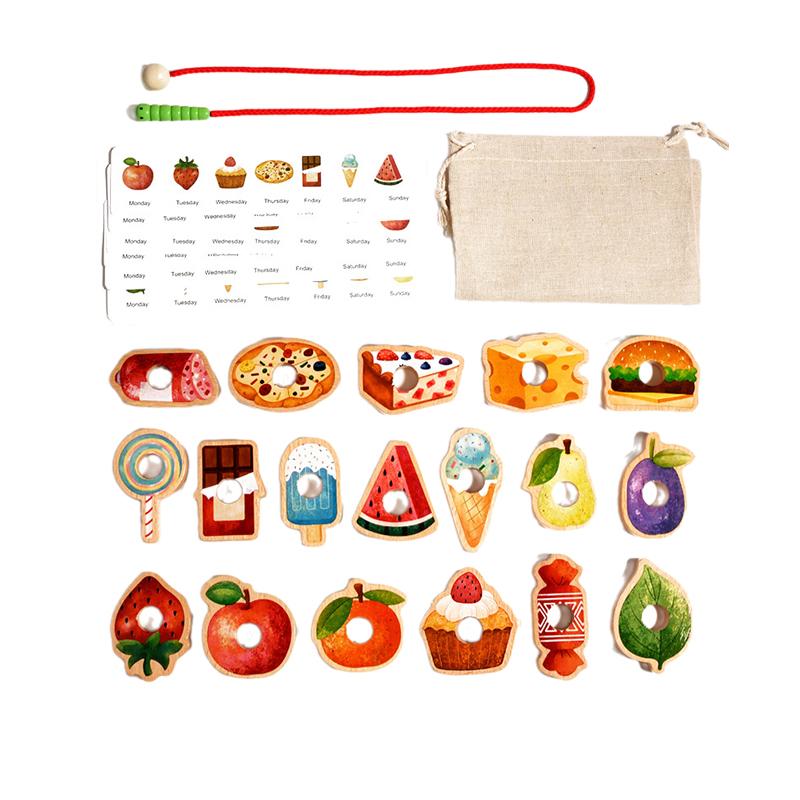 Wooden Greedy Caterpillar Rope Toy, Fruit & Vegetable Caterpillar Lacing Bead String Game, Montessori Fine Motor Skills Farm Toy